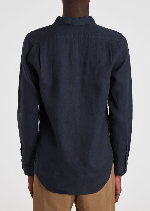 Model View - Men's Navy Tailored-Fit Linen Long-Sleeve Shirt Paul Smith