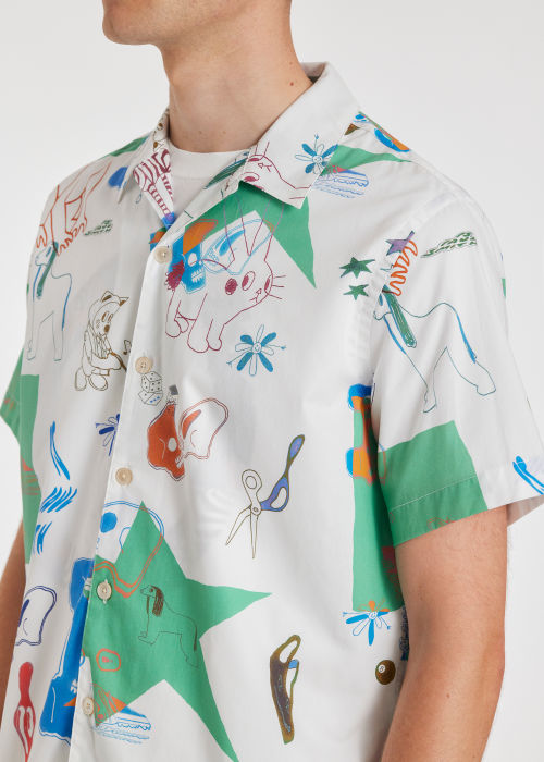 Model View - Men's White 'Magnificent Obsessions' Print Cotton Shirt Paul Smith