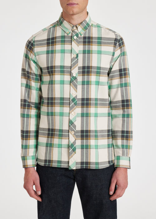 Model view - Men's Ecru and Green Check Cotton-Linen Shirt Paul Smith