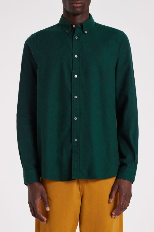 Model view - Men's Dark Green Melange Cotton Flannel Shirt Paul Smith