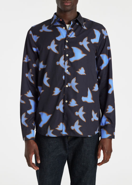 Model view - Men's Blue 'Shadow Birds' Print Lyocell-Cotton Shirt Paul Smith