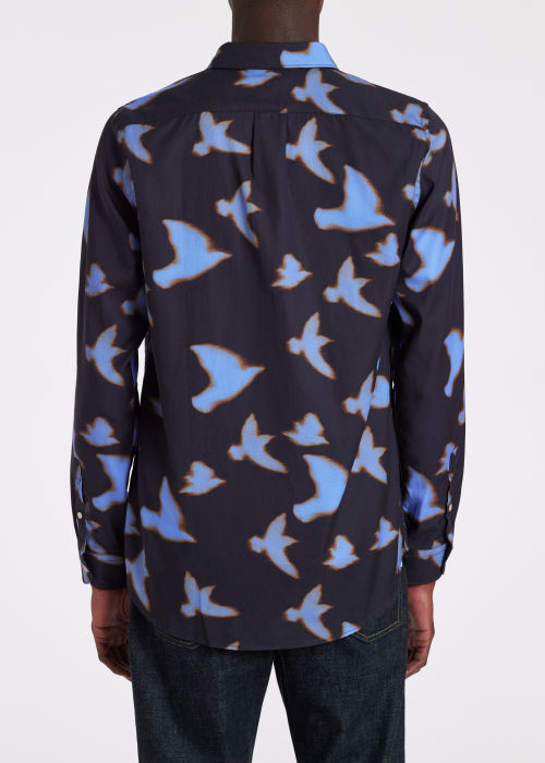 Model view - Men's Blue 'Shadow Birds' Print Lyocell-Cotton Shirt Paul Smith
