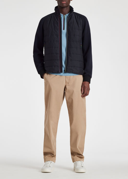 Model View - Men's Navy Mixed Media Jacket With 'Sports Stripe' Trim Paul Smith