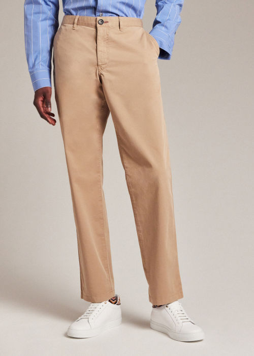Model View - Men's Tapered-Fit Tan Pima Stretch-Cotton Chinos Paul Smith