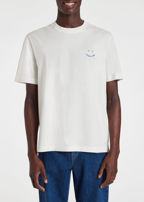 Model View - Men's Ecru Cotton 'Happy' T-Shirt Paul Smith