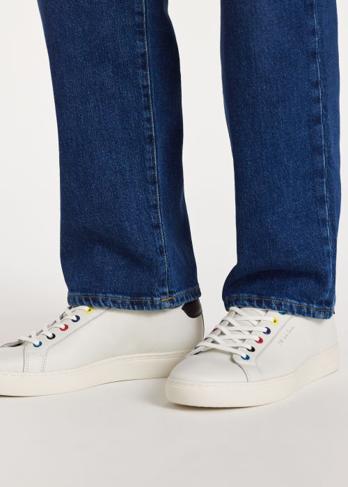 Model View - Men's White 'Rex' Trainers With Multi-Colour Eyelets Paul Smith