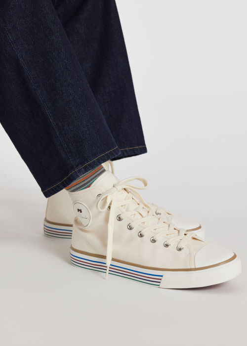 Model View - Men's White Canvas 'Yuma' High-Top Trainers Paul Smith