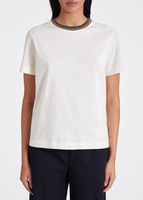 Model View - Women's White Cotton 'Signature Stripe' T-Shirt Paul Smith