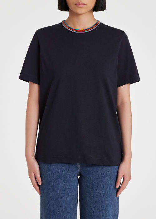 Model View - Women's Navy Cotton 'Signature Stripe' T-Shirt Paul Smith