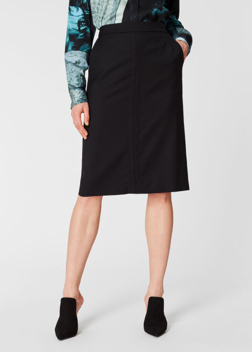 Model View - Women's Black Wool Knee-Length Skirt Paul Smith