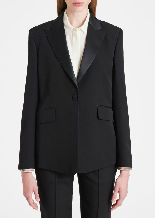 Model View - Women's Slim-Fit Black One-Button Wool Tuxedo Blazer by Paul Smith
