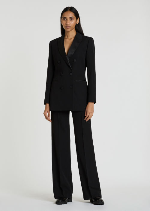 Model View - Women's Black Double-Breasted Tuxedo Blazer With Satin Details by Paul Smith