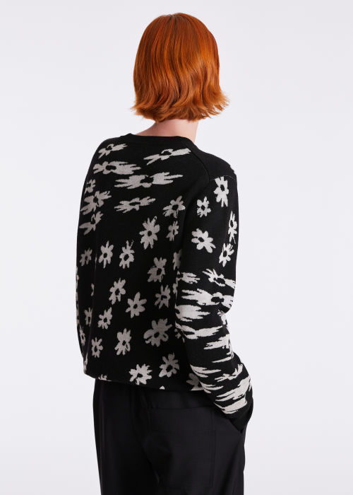 Model View - Women's Black 'Digital Daisy' Jacquard Crew Neck Sweater Paul Smith