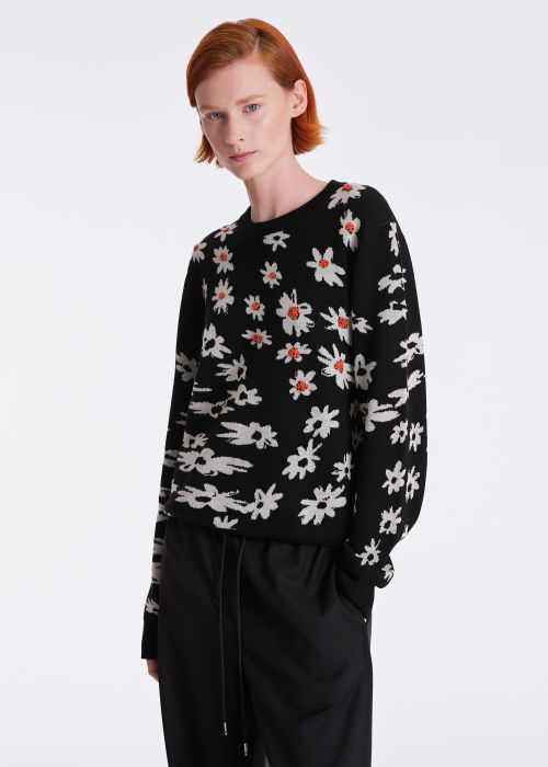 Model View - Women's Black 'Digital Daisy' Jacquard Crew Neck Sweater Paul Smith