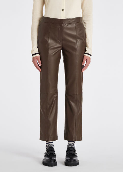 Model View - Women's Chocolate Leather Slim-Fit Trousers Paul Smith