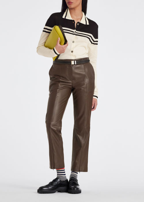 Model View - Women's Chocolate Leather Slim-Fit Trousers Paul Smith