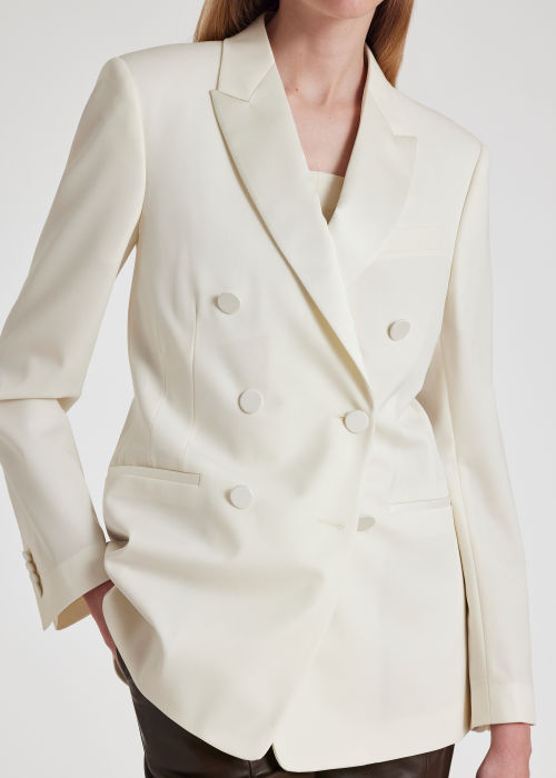 Model View - Women's Ivory Stretch-Wool Double-Breasted Tuxedo Blazer Paul Smith