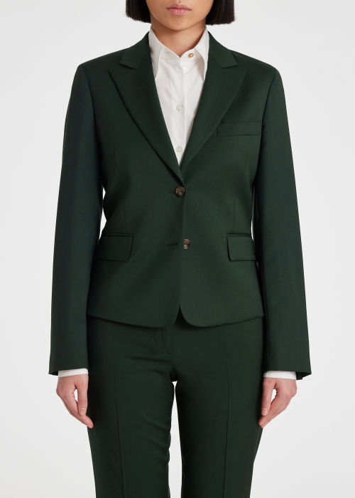 Model View - Women's Tailored-Fit Dark Green Wool Twill Blazer Paul Smith