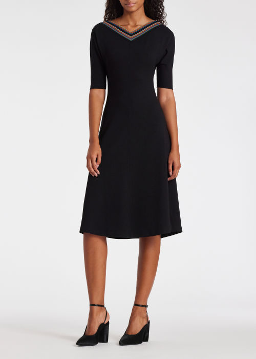 Model View - Women's Black 'Signature Stripe' Neckline Dress Paul Smith