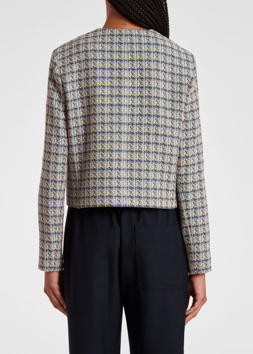 Model View - Women's Blue Tweed Leather Trimmed Jacket Paul Smith