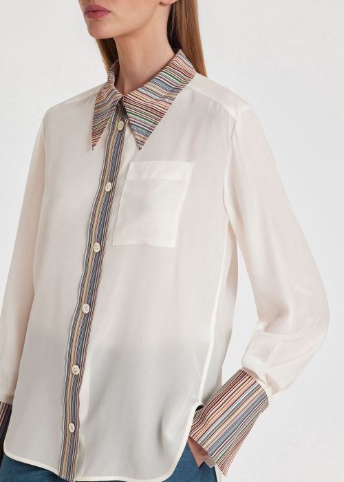Model View - Women's Ivory Silk 'Signature Stripe' Long-Sleeve Shirt Paul Smith