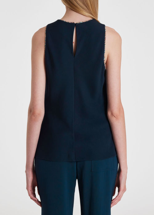 Model View - Women's Dark Blue 'Signature Stripe' Trim Vest Top Paul Smith