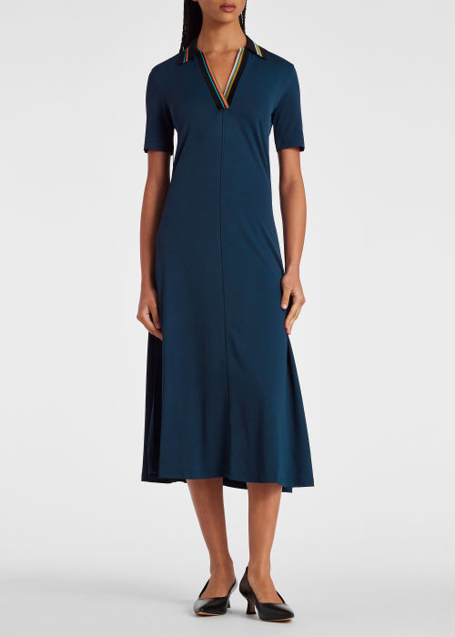 Model View - Women's Navy Jersey 'Signature Stripe' Polo Dress Paul Smith