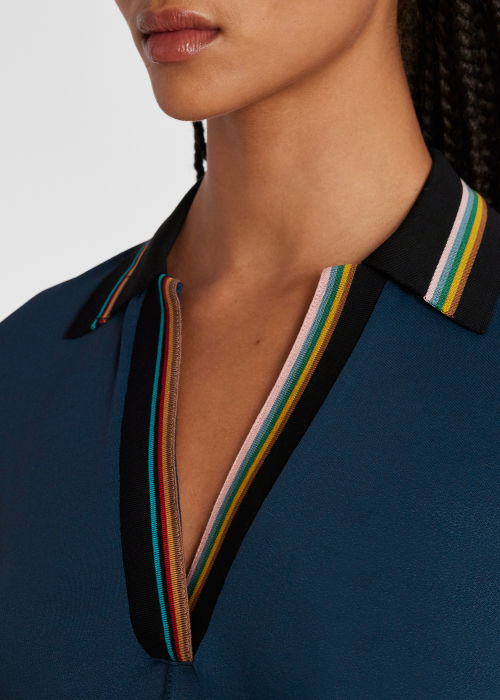 Model View - Women's Navy Jersey 'Signature Stripe' Polo Dress Paul Smith