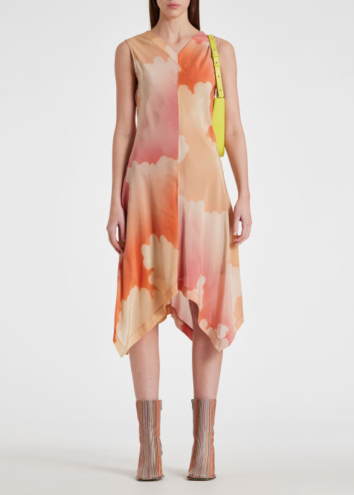 Model View - Women's Peach 'Summer Clouds' Hanky Hem Dress Paul Smith