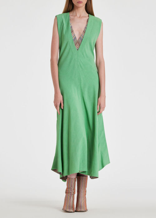 Model View - Women's Green Stretch-Crepe 'Signature Stripe' Midi Dress 