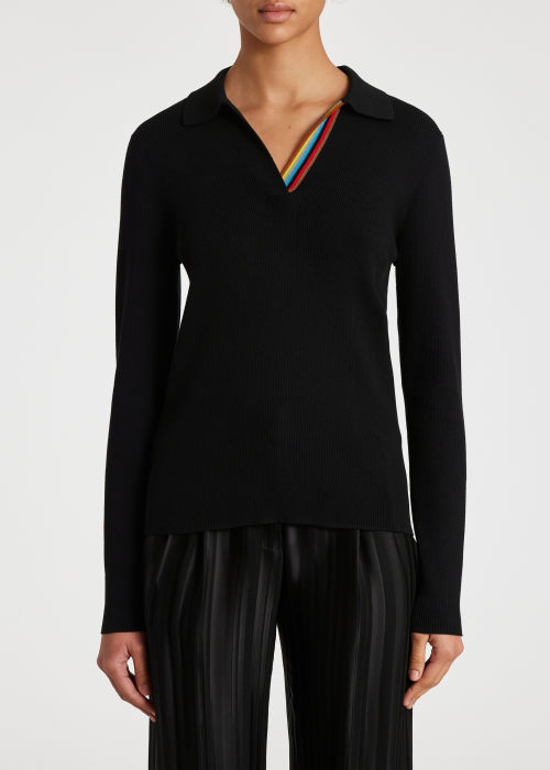 Model View - Women's Black Ribbed 'Signature Stripe' Sweater Paul Smith