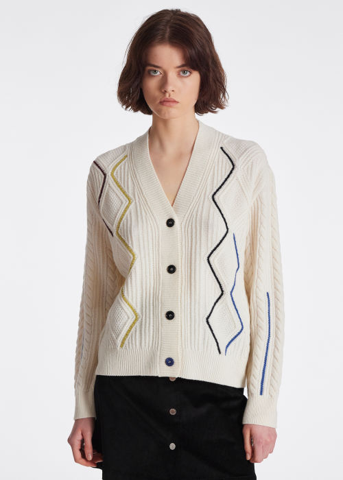 Women's Cream Embroidered Cable Knit Boyfriend Cardigan