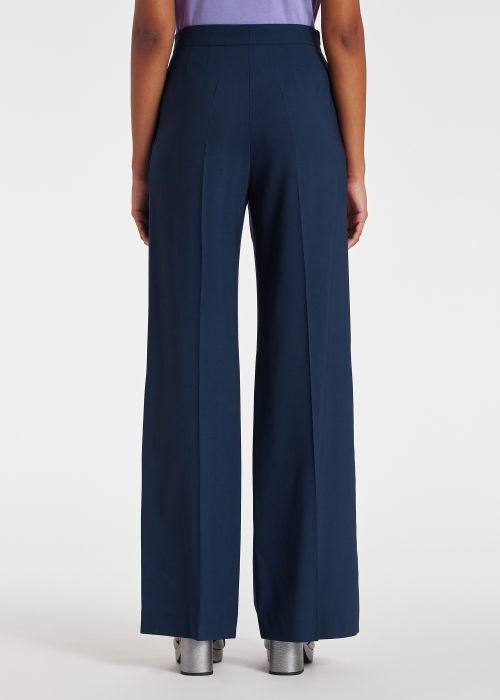 Women's Navy Wool-Hopsack Wide Leg Trousers