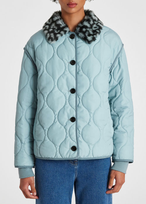 Model View - Women's Pale Blue Quilted Leopard Collar Coat Paul Smith