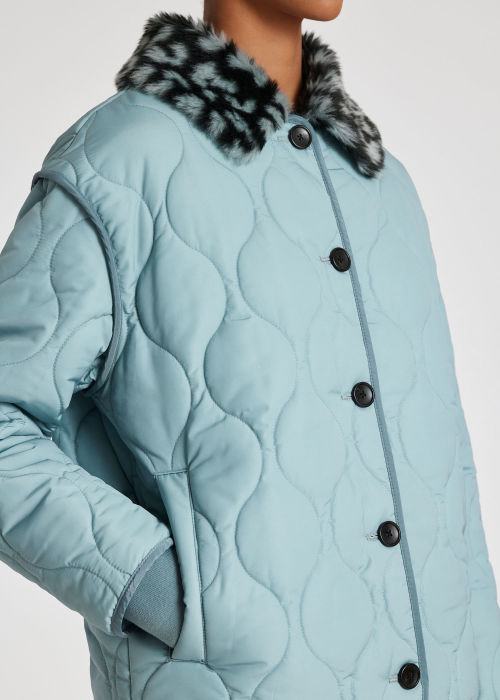 Model View - Women's Pale Blue Quilted Leopard Collar Coat Paul Smith