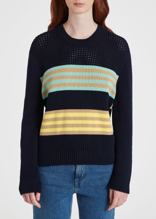 Model View - Women's Navy Open Stitch Stripe Sweater Paul Smith