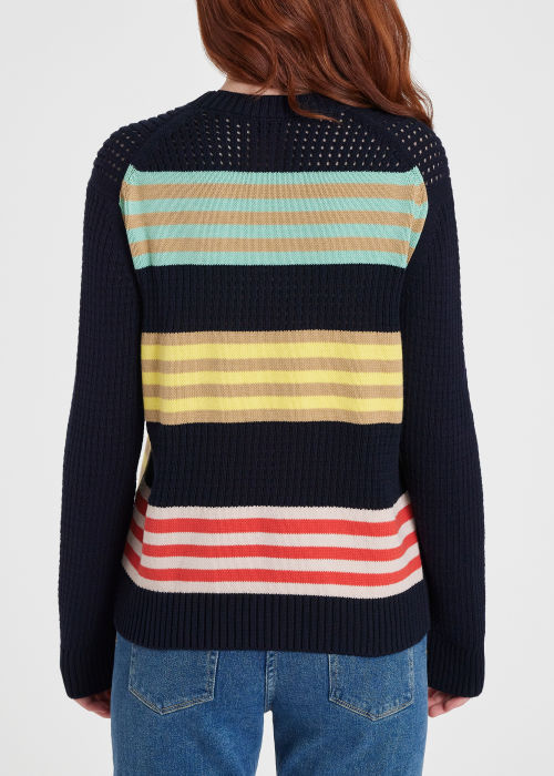Model View - Women's Navy Open Stitch Stripe Sweater Paul Smith