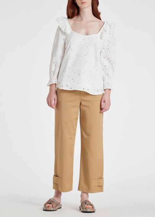 Model View - Women's White Cotton Broderie Anglaise Top Paul Smith