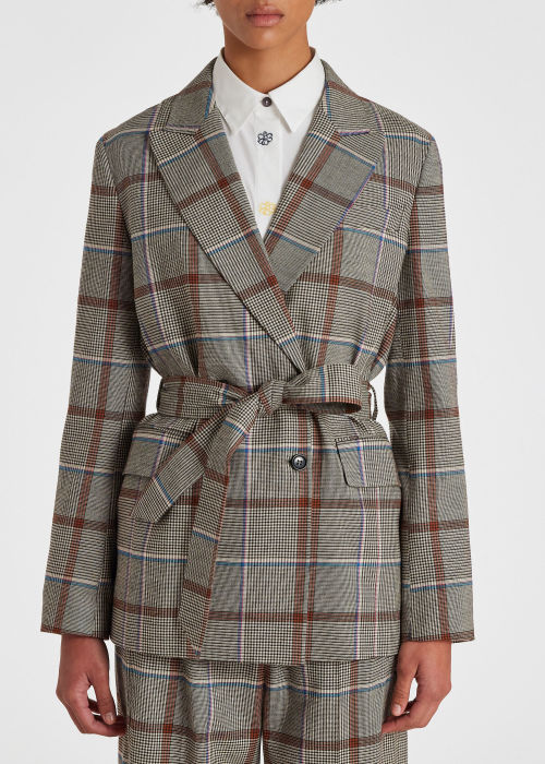 Model View - Women's 'Prince of Wales Check' Wool-Blend Tie Waist Jacket Paul Smith