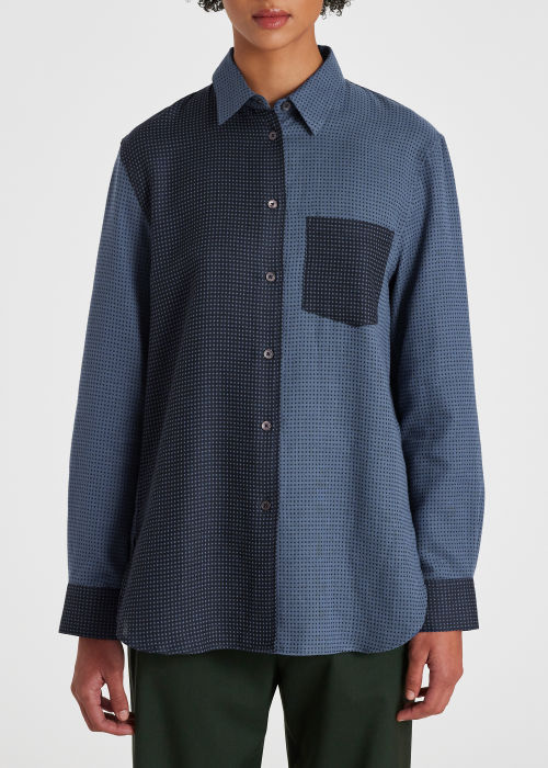 Model View - Women's Relaxed-Fit Navy 'Dobby Dot' Cotton Shirt Paul Smith