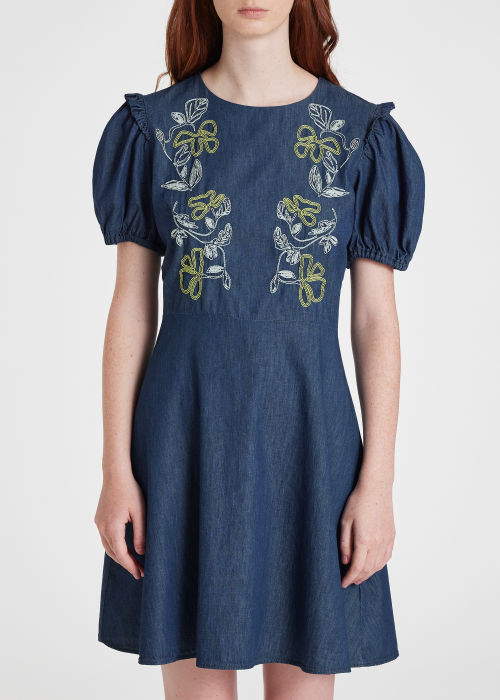 Model View - Women's Blue Chambray 'Sea Florals' Dress Paul Smith