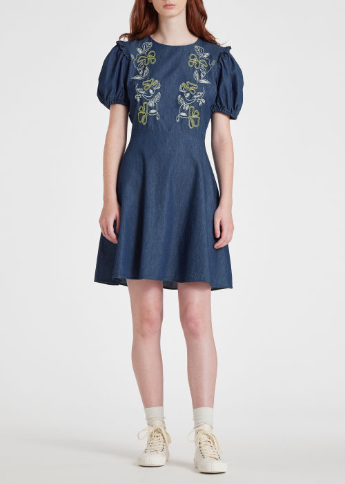 Model View - Women's Blue Chambray 'Sea Florals' Dress Paul Smith