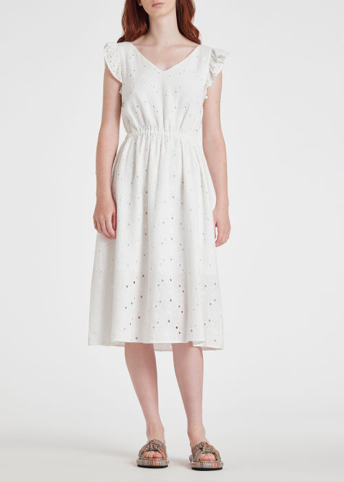 Model View - Women's White Cotton Broderie Anglaise Midi Dress Paul Smith