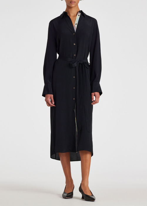 Model View - Women's Black Silk-Blend Shirt Maxi Dress