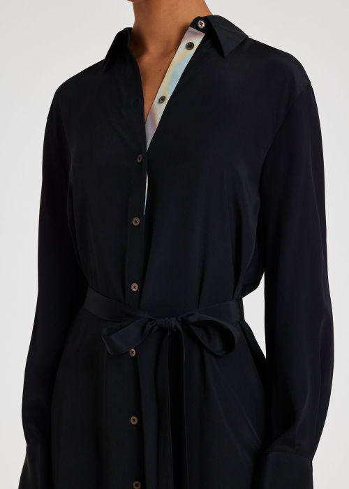 Model View - Women's Black Silk-Blend Shirt Maxi Dress