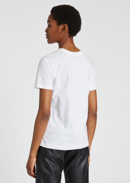 Model Back View - Women's White Zebra Logo Cotton T-Shirt