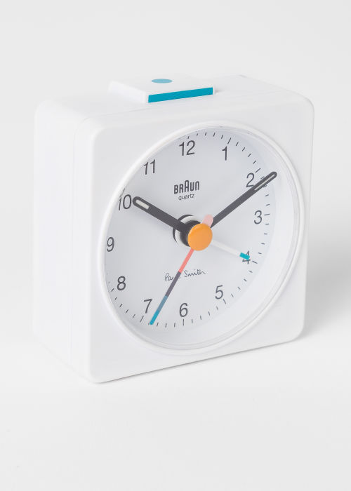 Detail view - Paul Smith + Braun; White Travel Analogue Alarm Clock Paul Smith