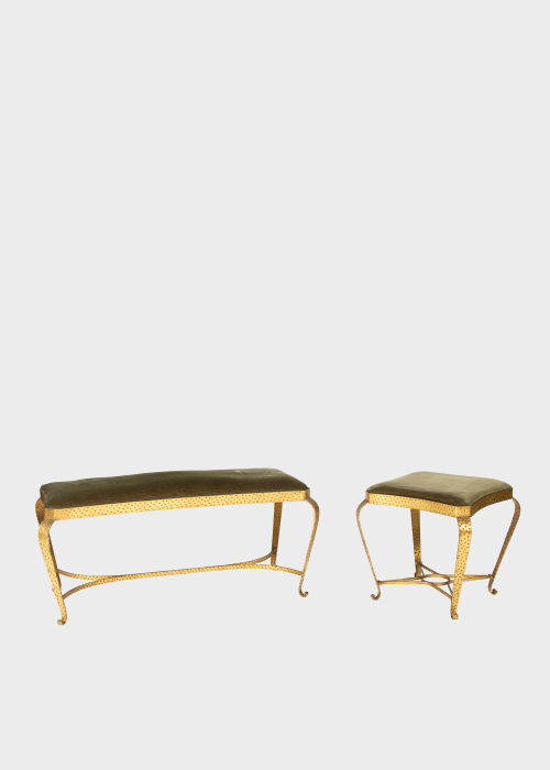 1950's Hammered Wrought Iron Gilt Stool and Bench Set by Pier Luigi Colli