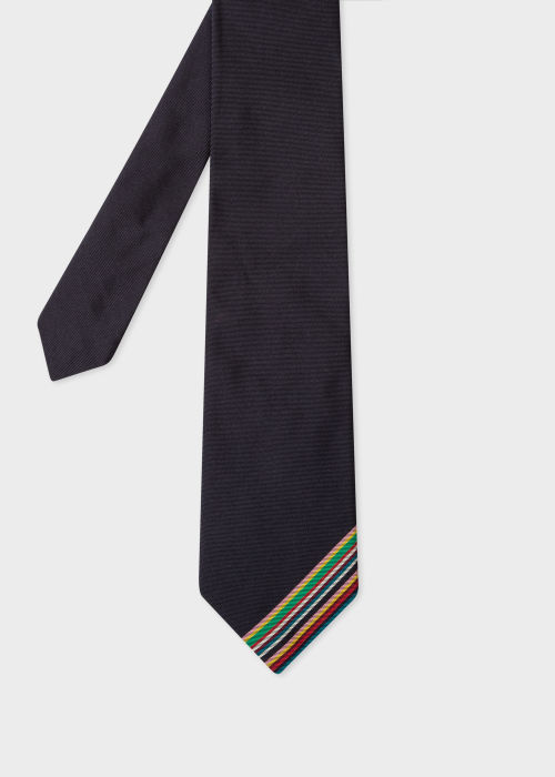Front view - Men's Navy Silk Tie With Embroidered Stripe Paul Smith