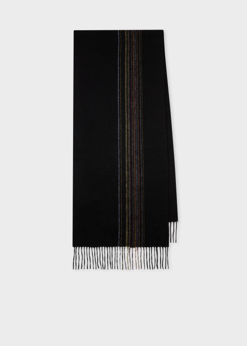 Front View - Black Lambswool-Cashmere 'Signature Stripe' Scarf Paul Smith